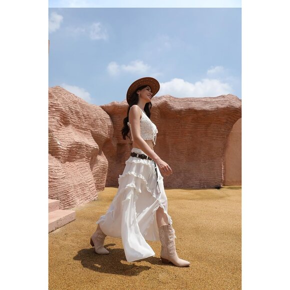 Women Pu Bone White Knee High Pointed Toe Block Heel Cowboy Western Boots - Picture 6 of 8